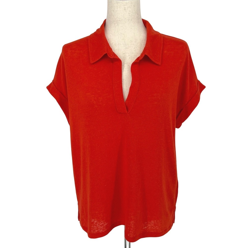 Banana Republic Womens Linen Blend Short Sleeve Polo Shirt Size M Red Orange